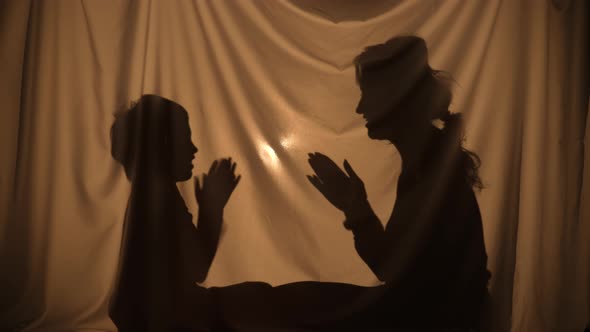 Silhouettes of Woman and Boy Telling Stories Using Shadow Play Clapping Their Hands alt