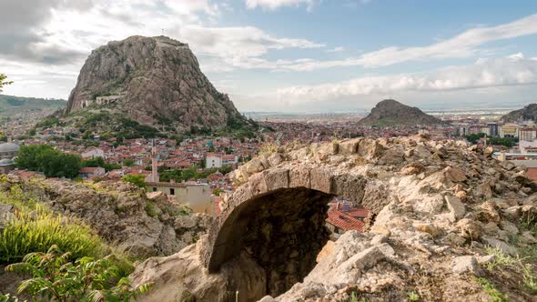 Cloudy Timelapse with ancient castle on a ruind aqueduct Afyonkarahisar / Turkey