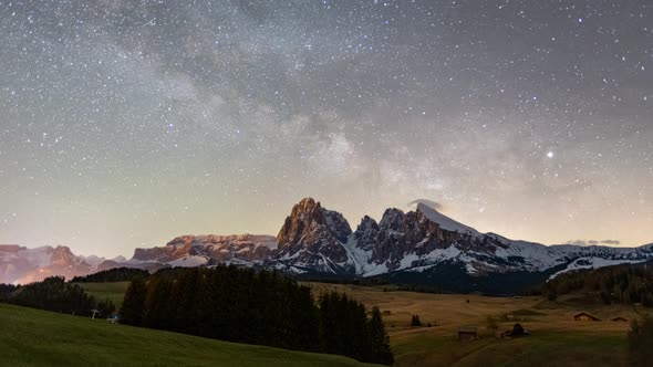 Time Lapse of Milky Way over Seiser Alm, Dolomites, Italy alt