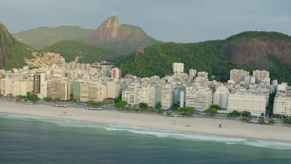 Drone shot over the beach and city of  Copacabana in  Brazil alt