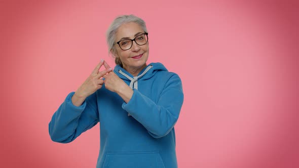 Cheerful Senior Old Woman Showing Hashtag Symbol Likes Tagged Message Follow Internet Trends alt