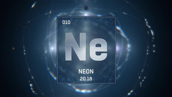 Neon as Element 10 of the Periodic Table 3D animation on blue background