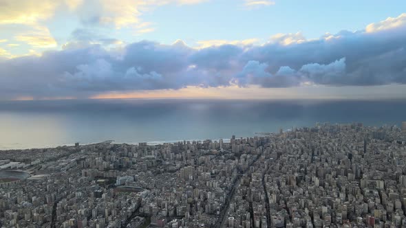 Drone Shot - Pan over Beirut showing Beirut Port and Beirut International Airport