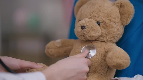 Closeup Brown Teddy Bear with Child Hand Using Stethoscope Auscultating Toy alt