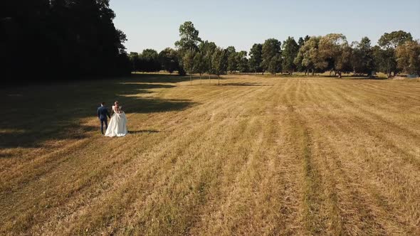 Aerial Shot, Bride And Groom Walking On The Field alt