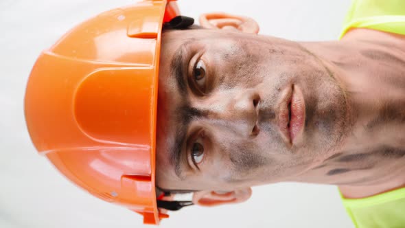 Portrait Tired Mixed Race Guy with Dirty Face in Work Hard Hat alt