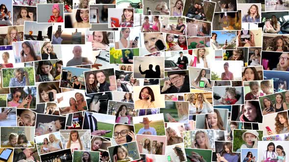 Video collage of smiling people, various images in the form of a large video wall of TV alt