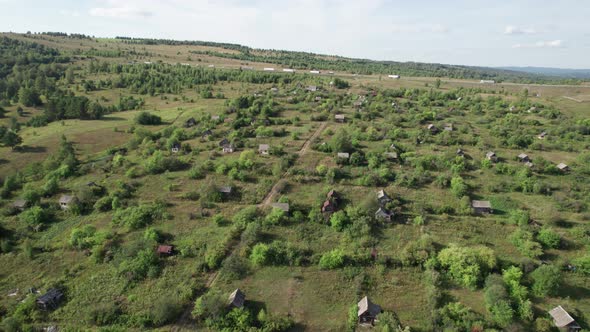 Aerial Landscape Summer Mountain Village with Forests Fields Human Settlement in Bashkortostan alt