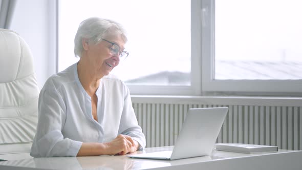 Smiling senior company lady worker waves hand and talks at online video alt