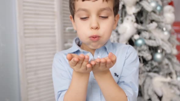 Little boy blows a confetti from a hands in Christmas
