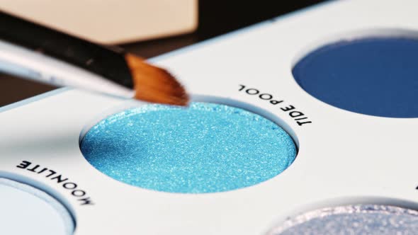Brush Gains Blue Pigment on Pile To Be Used in Make-up. Artist Working with Eyeshadows Palette alt