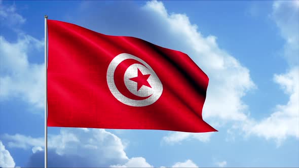 Abstract Background with the Flag of Tunisia Swaying in the Wind on Blue Sky and Clouds Background alt