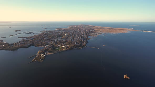 Aerial View of Kronstadt. Flying Past of Kronstadt. Eastern Part of Kronstadt. A Small Fort in