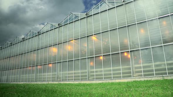 Greenhouse Agricultural Hydroponic Building Glass Exterior Under Blue Sky on Summer Day Spbd alt