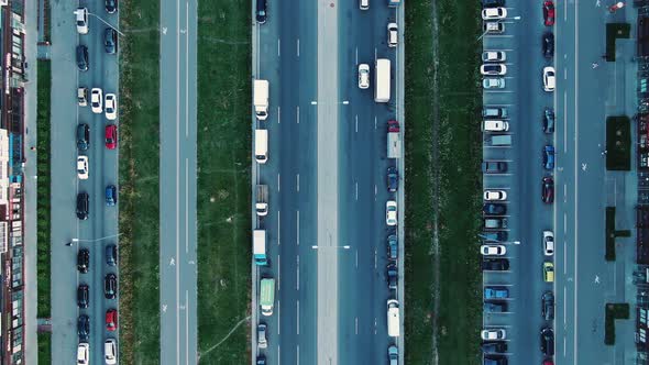 Motion Over Wide City Street with Skyscrapers Aerial View alt