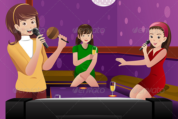 Female Friends Singing Karaoke - People Characters