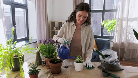 Happy Woman or Blogger Planting Flowers at Home