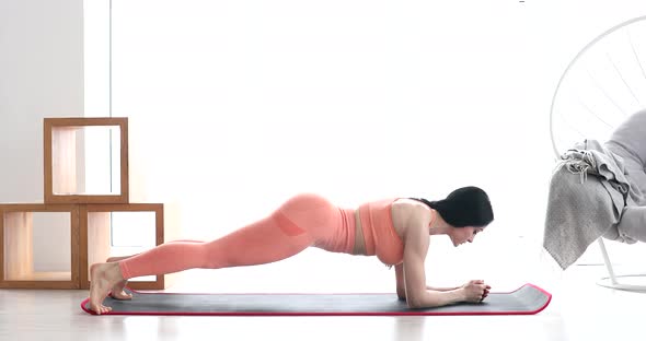 Athletic young woman standing in plank exercising.