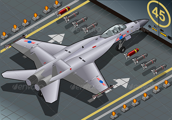 Isometric Fighter Bomber Landed in Rear View - Objects Vectors