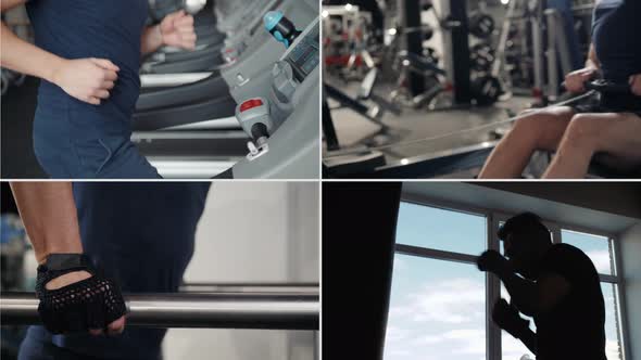 Collage of Athlete Bodybuilder Power Athletic Guy Execute Exercise in Gym Power Lifting and Free alt