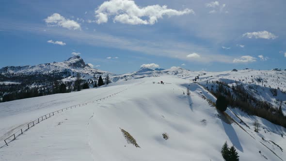 Aerial, Winter Landscape In Dolomites Mountains On A Sunny Day In Italy