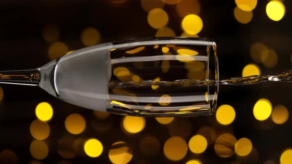 pour champagne in glass. champagne glasses over Holiday Bokeh Blinking background alt