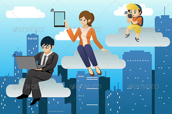 People Using Different Mobile Device in Clouds - Technology Conceptual