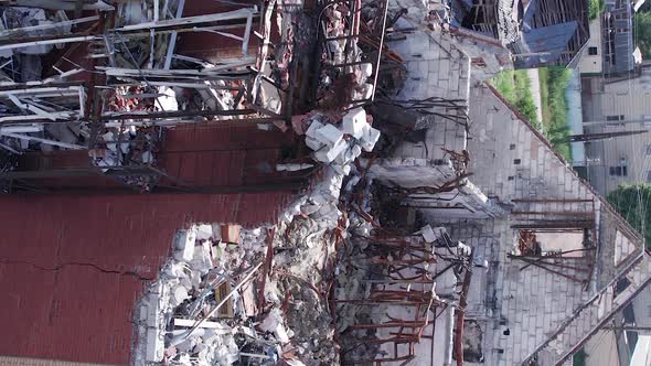 Vertical Video of a Building Bombed During the War in Makariv Ukraine alt