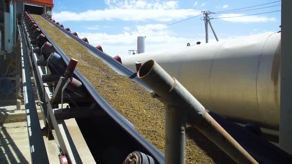 Asphalt-Concrete Plant. Construction of Roads. Conveyor Belt with Sand Mixture alt