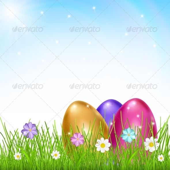 Three Multicolored Eggs in Grass with Flowers - Miscellaneous Seasons/Holidays