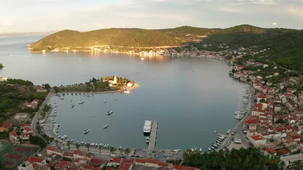 Aerial View of Vis Town at Sunset on Vis Island Croatia alt