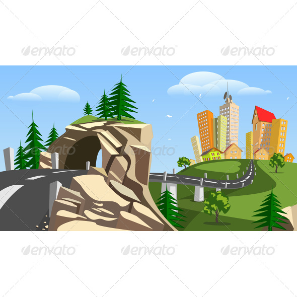 Vector City Surrounded by Nature Landscape - Buildings Objects