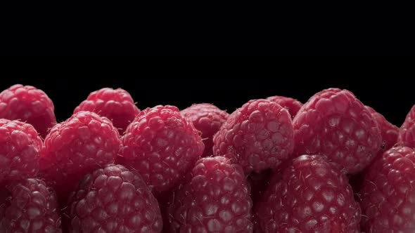 Close-up of a bunch of ripe raspberries on a black background. juicy tasty berries.