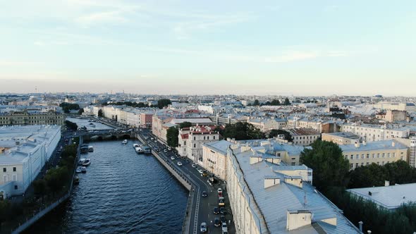 Cityscape of St. Petersburg Aerial View, Flight Over the Roofs and the Fountain River alt