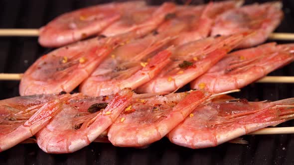 Close-up of Shrimp. Background of the Shrimp on the Grill. Timelapse