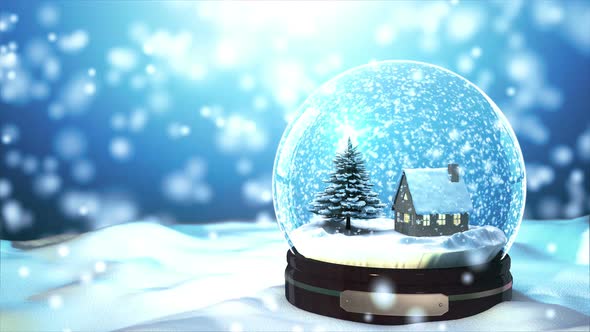 Loop able Christmas Snow globe Snowflake with Snowfall on Blue Background alt