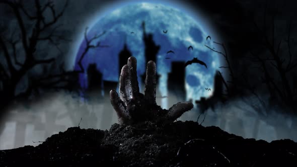 Human Hand Slowly Crawls Out of the Ground. Smoky Background alt