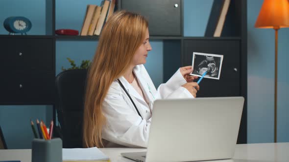 Female Doctor Gynecologist Working in Clinic Consulting Patient Online alt