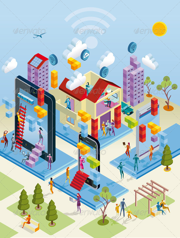 Wireless City in Isometric View - Web Technology