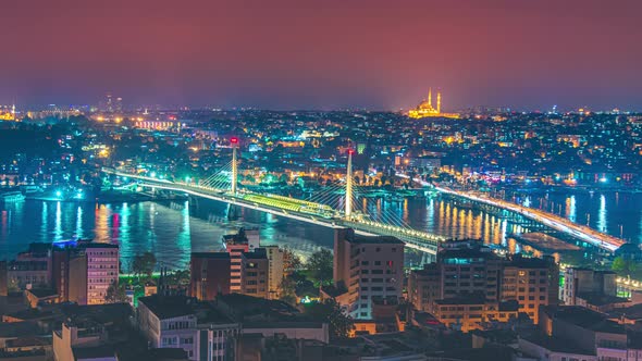 Aerial Timelapse View of Sunset Golden Horn Metro Bridge and Ataturk Bridge in Istanbul Turkey alt
