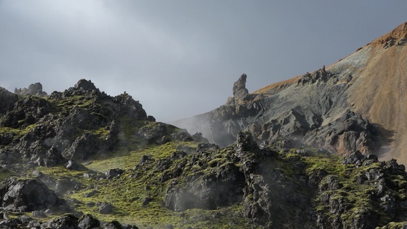 Environment. Iceland. Geyser in famous tourist attraction. Steam from fumarole in geothermal area. alt