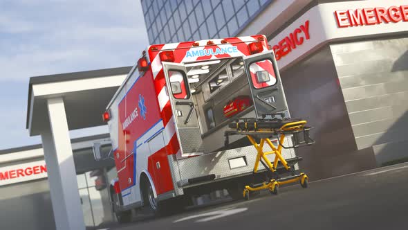 Ambulance truck standing in front of an emergency hospital entrance. 4KHD alt