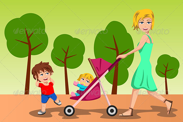Mother Walking with her Kids - People Characters