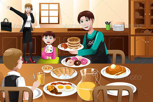 Stay at Home Father Eating Breakfast with his Kids - People Characters