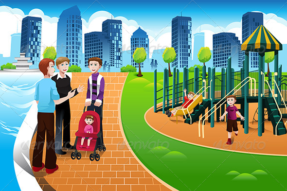 Father and their Kids in the Playground - People Characters