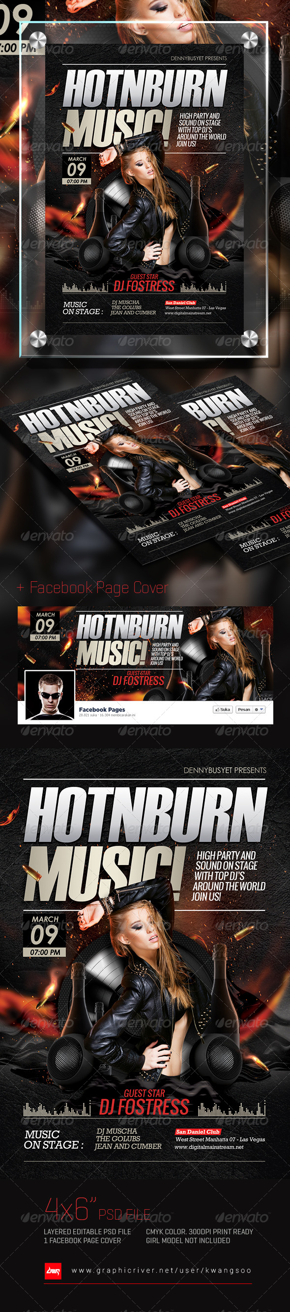 Hot And Burn Music Flyer + Facebook Cover - Events Flyers