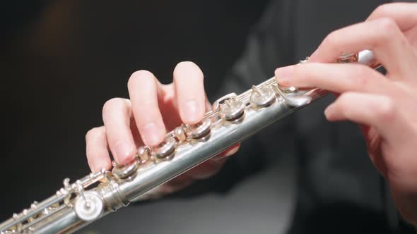 Male Hands and Flute Musician is Playing in Brass Band or Symphonic Orchestra Macro Shot alt