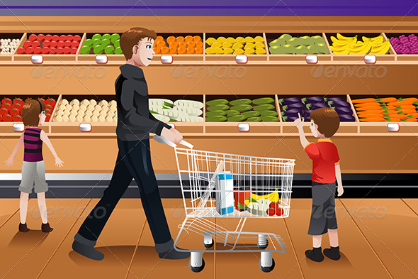 Father and His Kids Grocery Shopping - Commercial / Shopping Conceptual