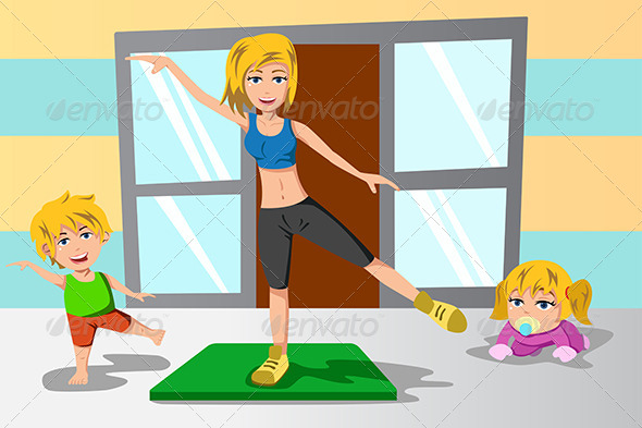 Mother and Her Kids Exercise - Sports/Activity Conceptual
