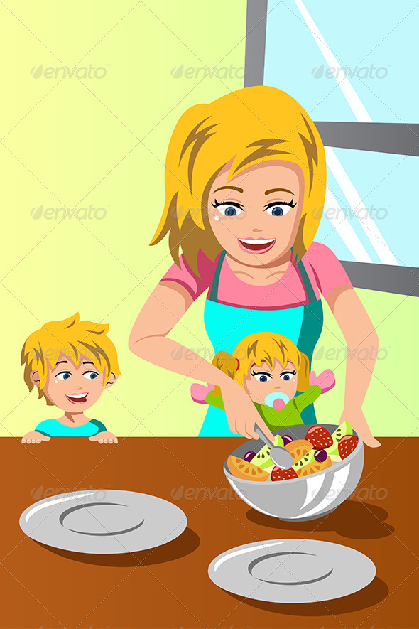 Mother and Her Kids Preparing Salad - People Characters